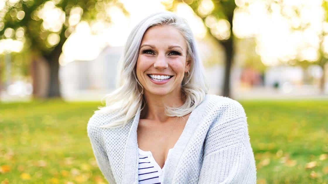 woman in park with white hair